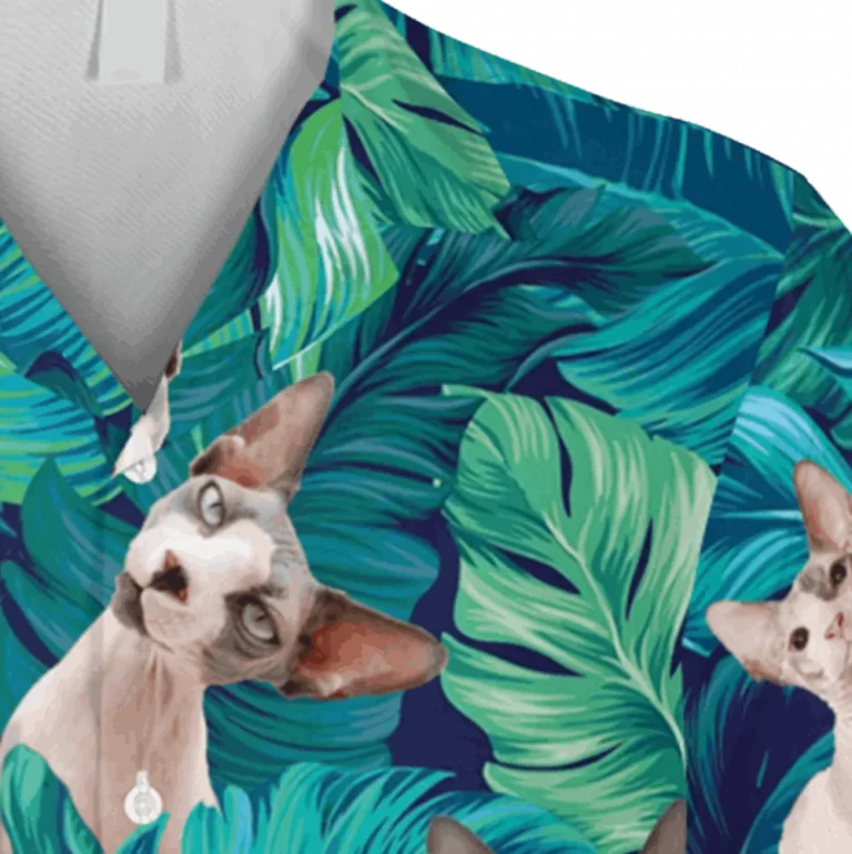 Tropical Leaves Egyptian Sphynx Cat Hawaiian T-shirt, Beach Shirts, Aloha Shirt For Mens, Womens