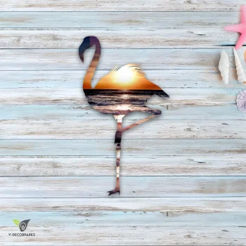 Pink Flamingo And Sunset Metal Wall Art, Pink Flamingo Evergreen Artwork For Beach House