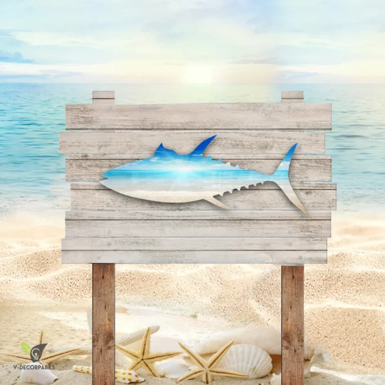 Tuna Fish Coastal Scene Metal Sign, Tuna Home Decor For Fishermen