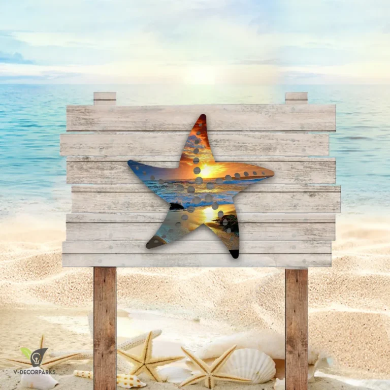 Starfish Sunrise On Beach Metal Wall Decor, Starfish Lovers Wall Hanging