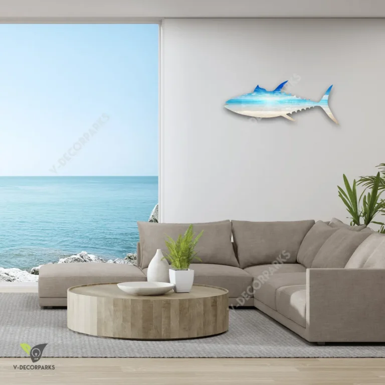 Tuna Fish Coastal Scene Metal Sign, Tuna Home Decor For Fishermen