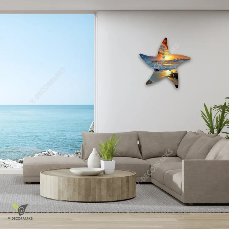 Starfish Sunrise On Beach Metal Wall Decor, Starfish Lovers Wall Hanging