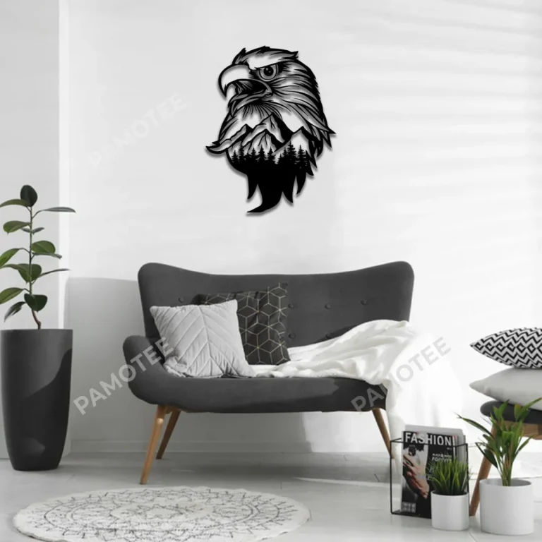 Eagle Head With Mountain Inside Metal Sign, Eagle Head Home Steel Decor
