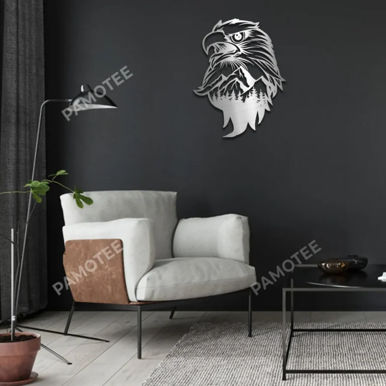 Eagle Head With Mountain Inside Metal Sign, Eagle Head Home Steel Decor