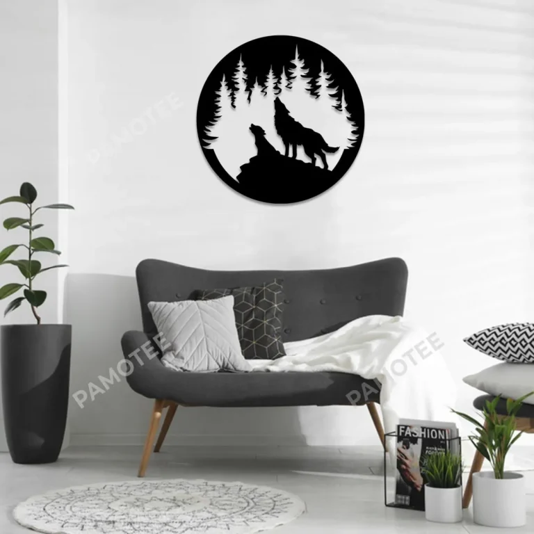 Father Wolf And Wolf Son Howling On Cliff Round Metal Sign, Father's Day Gift