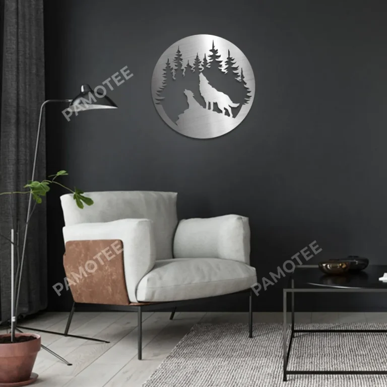Father Wolf And Wolf Son Howling On Cliff Round Metal Sign, Father's Day Gift