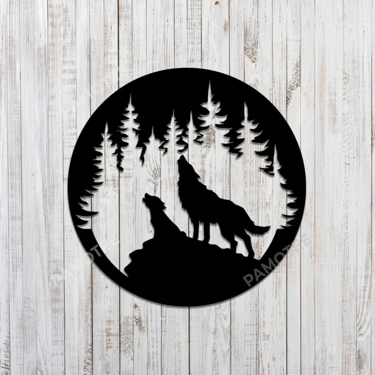 Father Wolf And Wolf Son Howling On Cliff Round Metal Sign, Father's Day Gift
