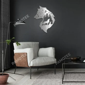 Wolf Dad With Son Metal Sign, Wolf Head Shape Small Wall Art