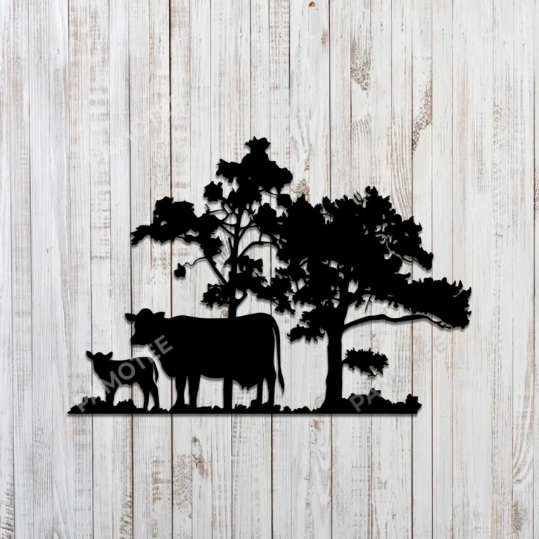 Cow Mom And Calf Under The Tree Metal Wall Art, Cattle Evergreen Decor