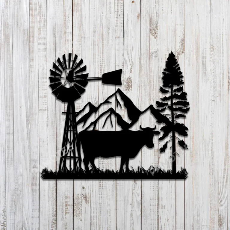 Cow, Windmill On The Field Metal Sign Monogram, Farm Steel Decoration