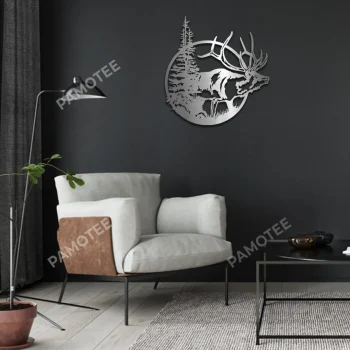 Elk And Pine Tree Round Metal Art, Elk Hunting Father's Day Gift