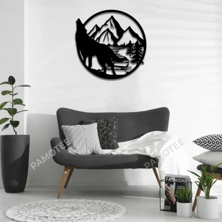 Howling Wolf And Mountain Round Metal Sign, Wolf Decor Idea