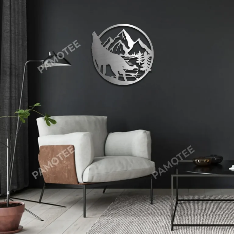Howling Wolf And Mountain Round Metal Sign, Wolf Decor Idea
