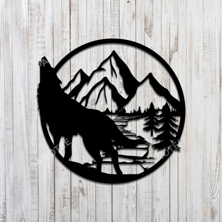 Howling Wolf And Mountain Round Metal Sign, Wolf Decor Idea