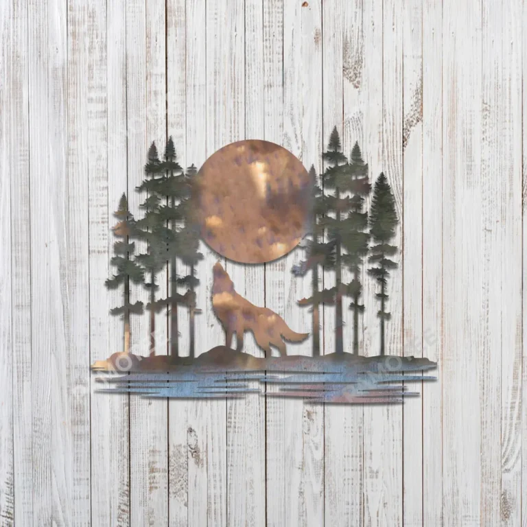 Wolf At Full Moon Night Colored Metal Art, Wolf And Moon Living Room Wall Hanging For Father