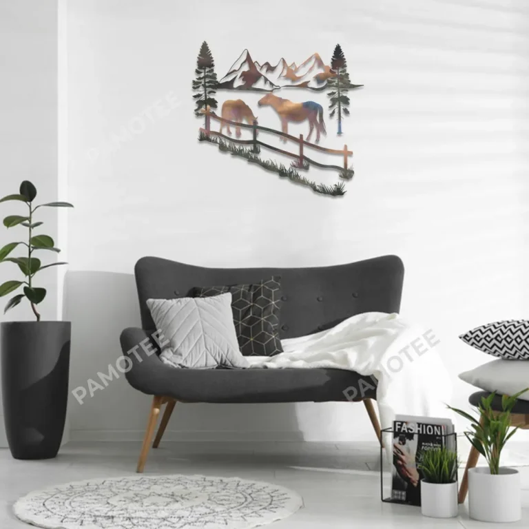 Horses With Mountainous Scene Metal Wall Art For Living Room