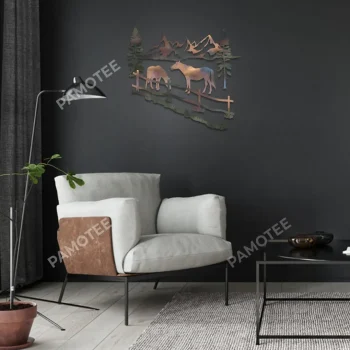 Horses With Mountainous Scene Metal Wall Art For Living Room