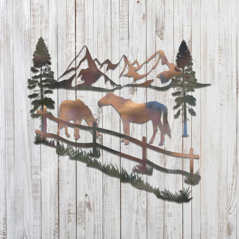Horses With Mountainous Scene Metal Wall Art For Living Room
