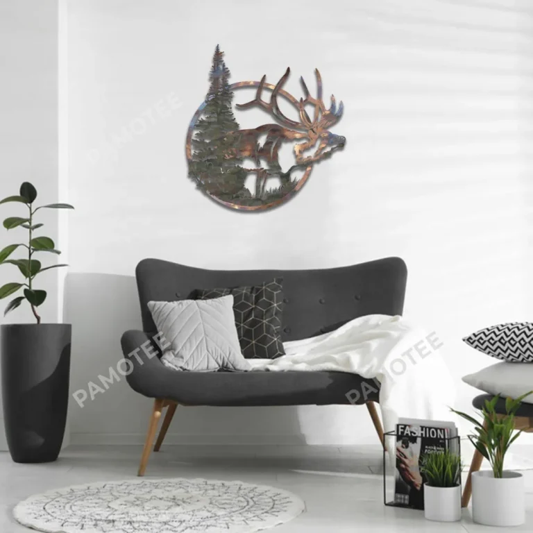 Elk And Pine Tree Circle Metal Sign, Decorative Sign For Hunter