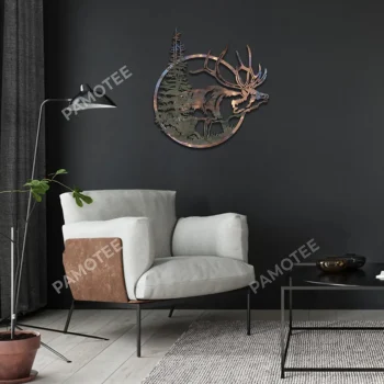 Elk And Pine Tree Circle Metal Sign, Decorative Sign For Hunter