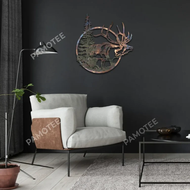 Elk And Pine Tree Circle Metal Sign, Decorative Sign For Hunter