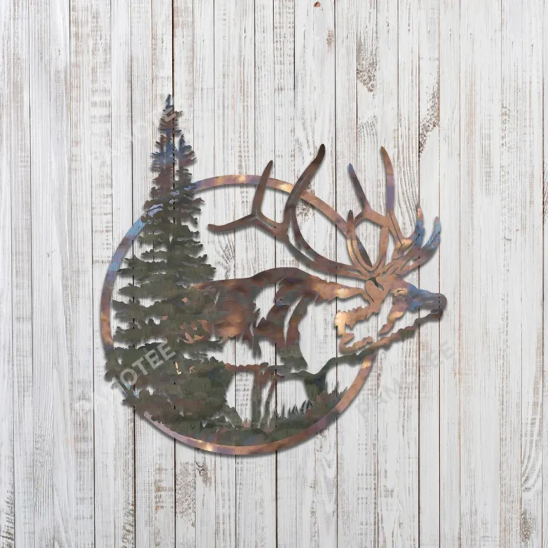 Elk And Pine Tree Circle Metal Sign, Decorative Sign For Hunter
