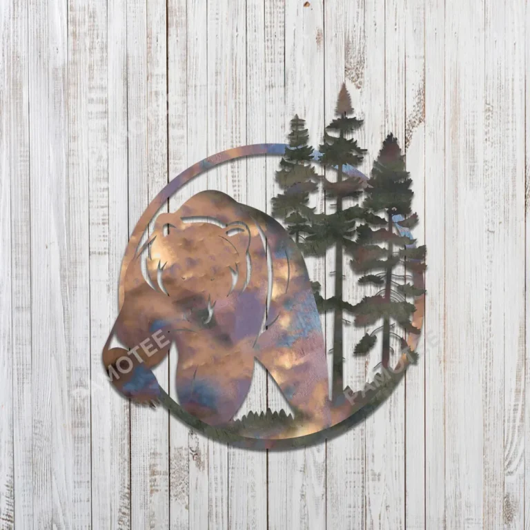 Bear And Trees Metal Wall Art Design, Bear In Forest Gift For Dad