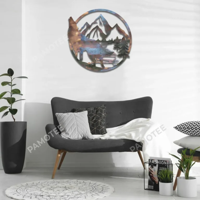 Howling Wolf With Mountain Colorful Metal Art, Wolves Father's Day Decor