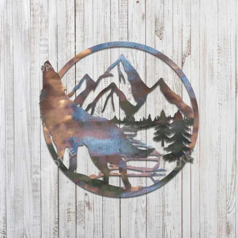 Howling Wolf With Mountain Colorful Metal Art, Wolves Father's Day Decor