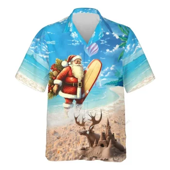 Surfing Santa Hawaiian Shirt For Men Women, Reindeer Christmas Summer Beach Shirt, Tropical Aloha Shirt, Surfing Lovers Button Down Short Sleeve Shirt