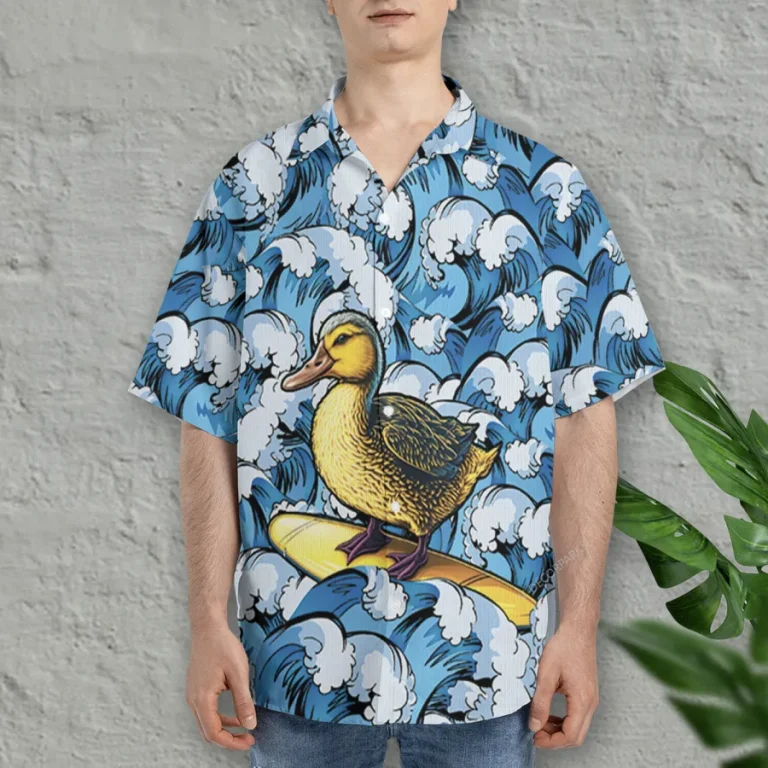 Surfing Duck Hawaiian Shirts For Men Women, Funny Duck Surfing Summer Beach Shirt, Funny Aloha Shirts, Tropical Hawaii Button Down Short Sleeve Shirts