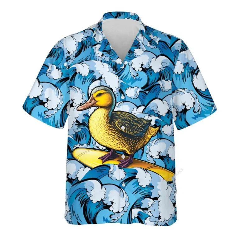 Surfing Duck Hawaiian Shirts For Men Women, Funny Duck Surfing Summer Beach Shirt, Funny Aloha Shirts, Tropical Hawaii Button Down Short Sleeve Shirts