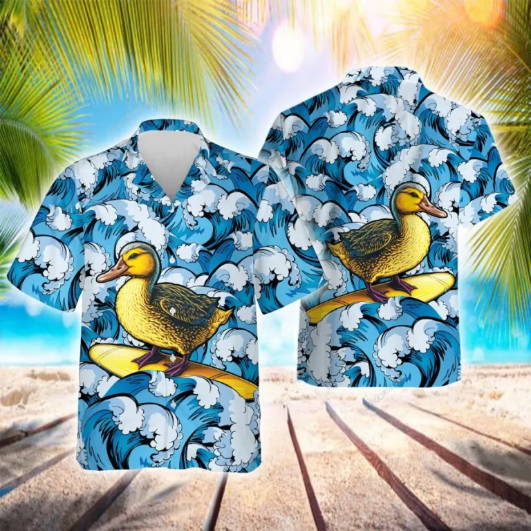 Surfing Duck Hawaiian Shirts For Men Women, Funny Duck Surfing Summer Beach Shirt, Funny Aloha Shirts, Tropical Hawaii Button Down Short Sleeve Shirts