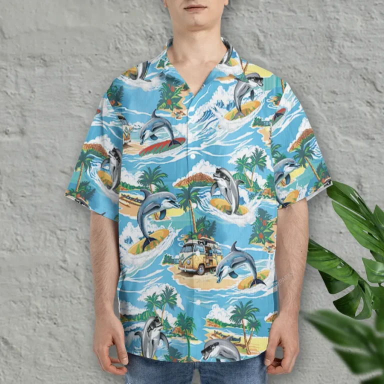 Dolphin Surfing Hawaiian Shirts For Men Women, Surfing Summer Beach Shirt, Tropical Island Aloha Shirt, Tropical Hawaii Button Down Short Sleeve Shirt