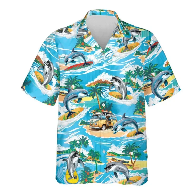 Dolphin Surfing Hawaiian Shirts For Men Women, Surfing Summer Beach Shirt, Tropical Island Aloha Shirt, Tropical Hawaii Button Down Short Sleeve Shirt