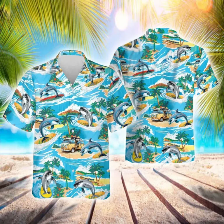 Dolphin Surfing Hawaiian Shirts For Men Women, Surfing Summer Beach Shirt, Tropical Island Aloha Shirt, Tropical Hawaii Button Down Short Sleeve Shirt