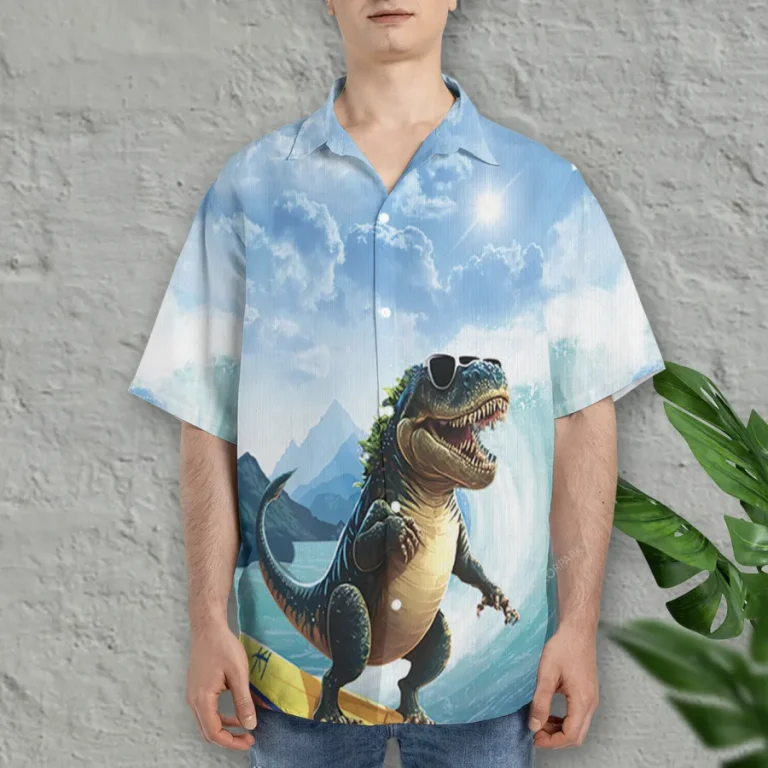Surfing Dinosaur Hawaiian Shirts For Men Women, T-rex Surfing Summer Beach Shirt, Funny Aloha Shirts, Tropical Hawaii Button Down Short Sleeve Shirts