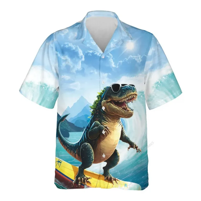 Surfing Dinosaur Hawaiian Shirts For Men Women, T-rex Surfing Summer Beach Shirt, Funny Aloha Shirts, Tropical Hawaii Button Down Short Sleeve Shirts