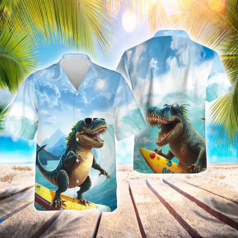 Surfing Dinosaur Hawaiian Shirts For Men Women, T-rex Surfing Summer Beach Shirt, Funny Aloha Shirts, Tropical Hawaii Button Down Short Sleeve Shirts
