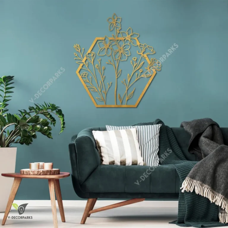 Golden Flowers Hexagon Metal Sign, Floral Gift For Mom
