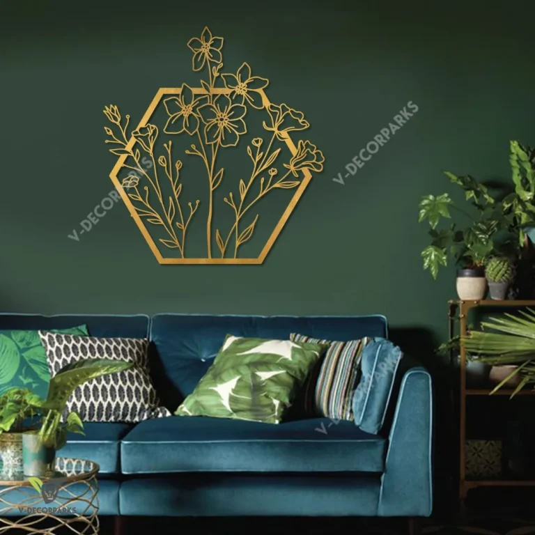 Golden Flowers Hexagon Metal Sign, Floral Gift For Mom