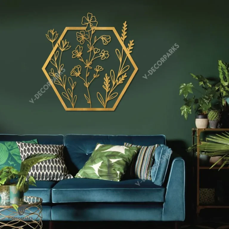 Golden Flowers Metal Wall Decor, Floral She Shed Decorative Artwork