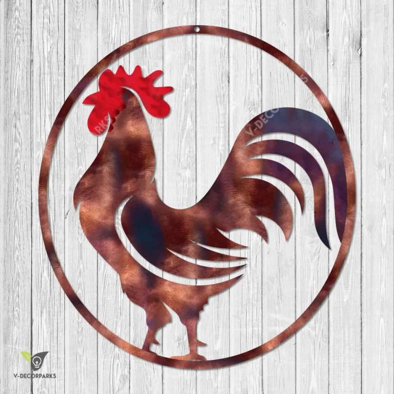 Copper Rooster With Round Flame Metal Sign, Rooster Cutout Accent For Farm