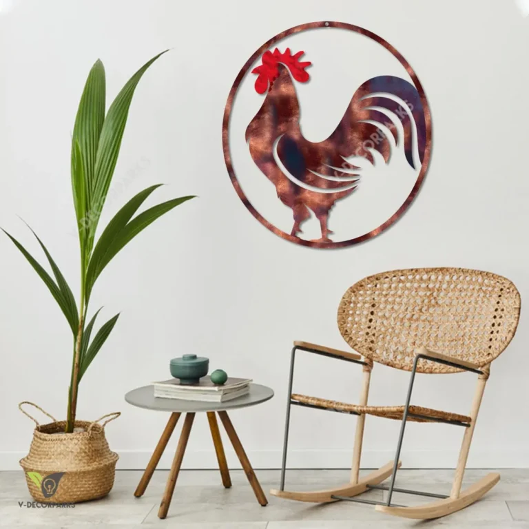 Copper Rooster With Round Flame Metal Sign, Rooster Cutout Accent For Farm