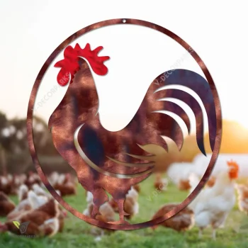 Copper Rooster With Round Flame Metal Sign, Rooster Cutout Accent For Farm