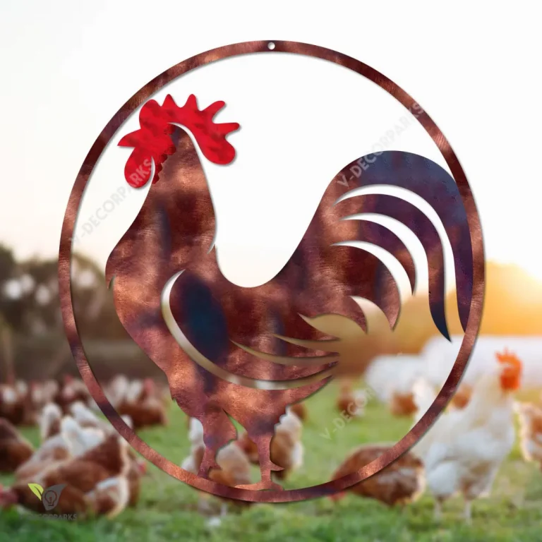 Copper Rooster With Round Flame Metal Sign, Rooster Cutout Accent For Farm