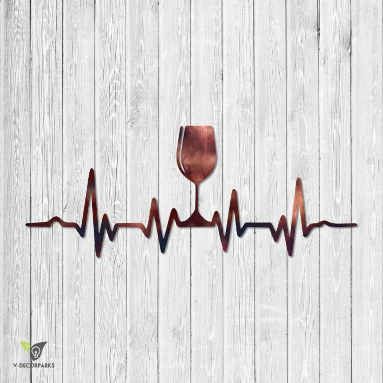 Copper Heartbeat With Wine Glass Metal Sign, Wine Kitchen Decor For Her