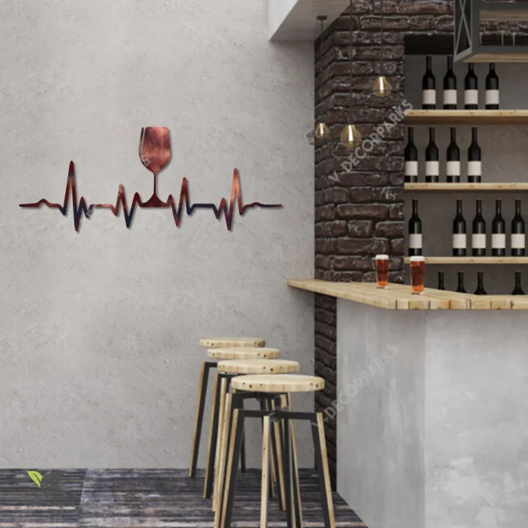 Copper Heartbeat With Wine Glass Metal Sign, Wine Kitchen Decor For Her