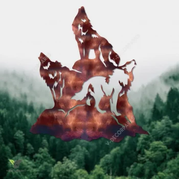 Trio Wolves Heat Treated Color Metal Wall Decor, Wolf Laser Cut Art For Cabin