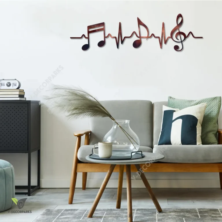 Heartbeat, Musical Notes And G Clef Metal Sign, Decorative Artwork For Musicians